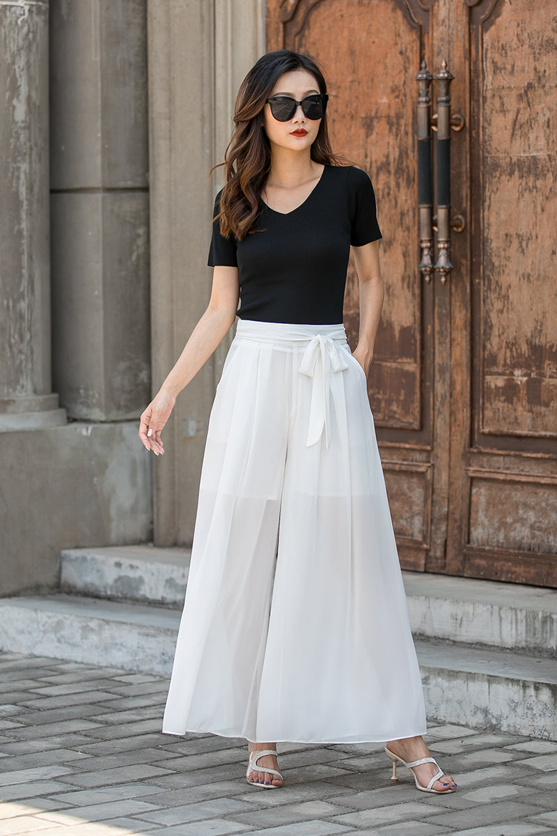 Summer Casual Outfit white top green wide leg pants - Putting Me Together